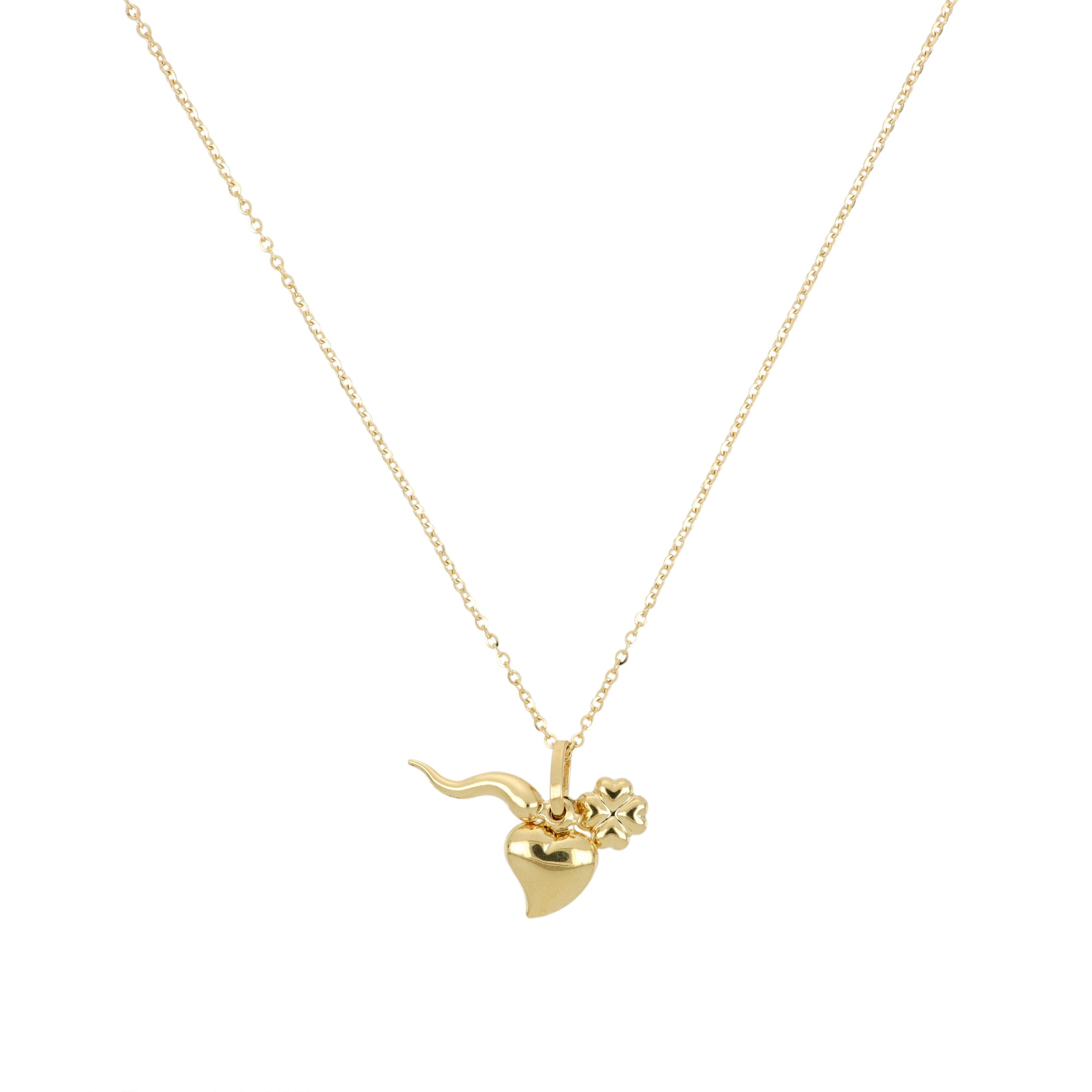 Necklace with heart, four-leaf clover and horn