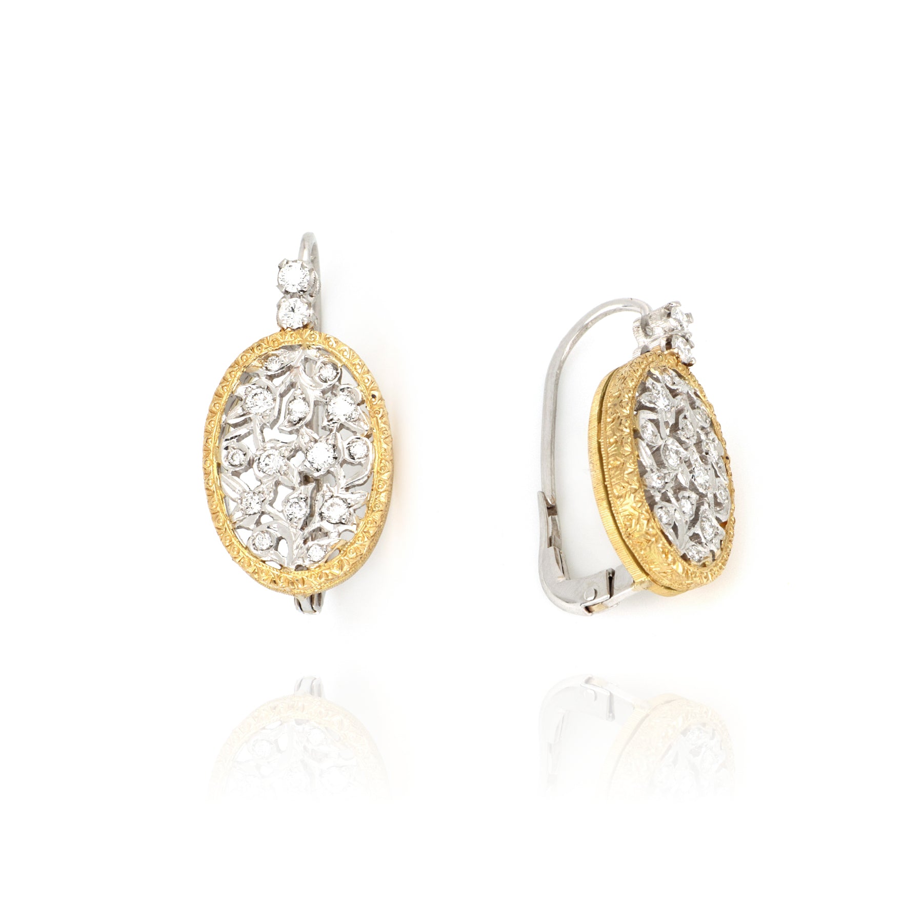 Two Tone Leverback Florentine Diamond Earrings