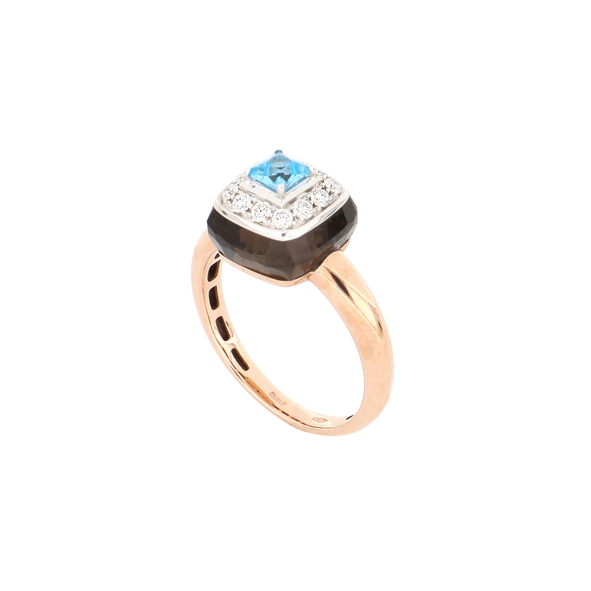 Video Bonbon Ring Square With Blue Topaz, Smoky Quartz And Diamonds