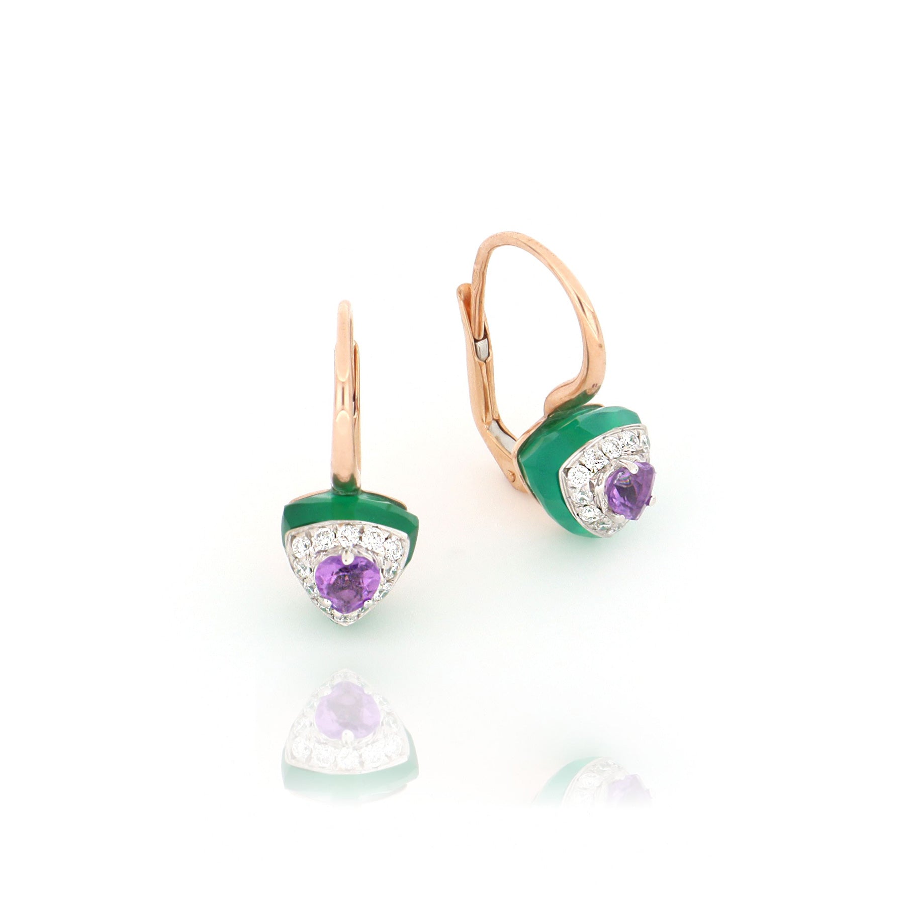 Les Petits Bonbons Earrings Triangle With Amethyst And Green Onyx And Diamonds