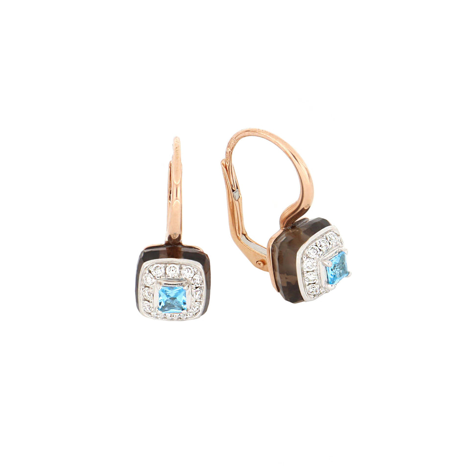 Video Bonbon Earrings Square Blue Topaz, Smoky Quartz And Diamonds