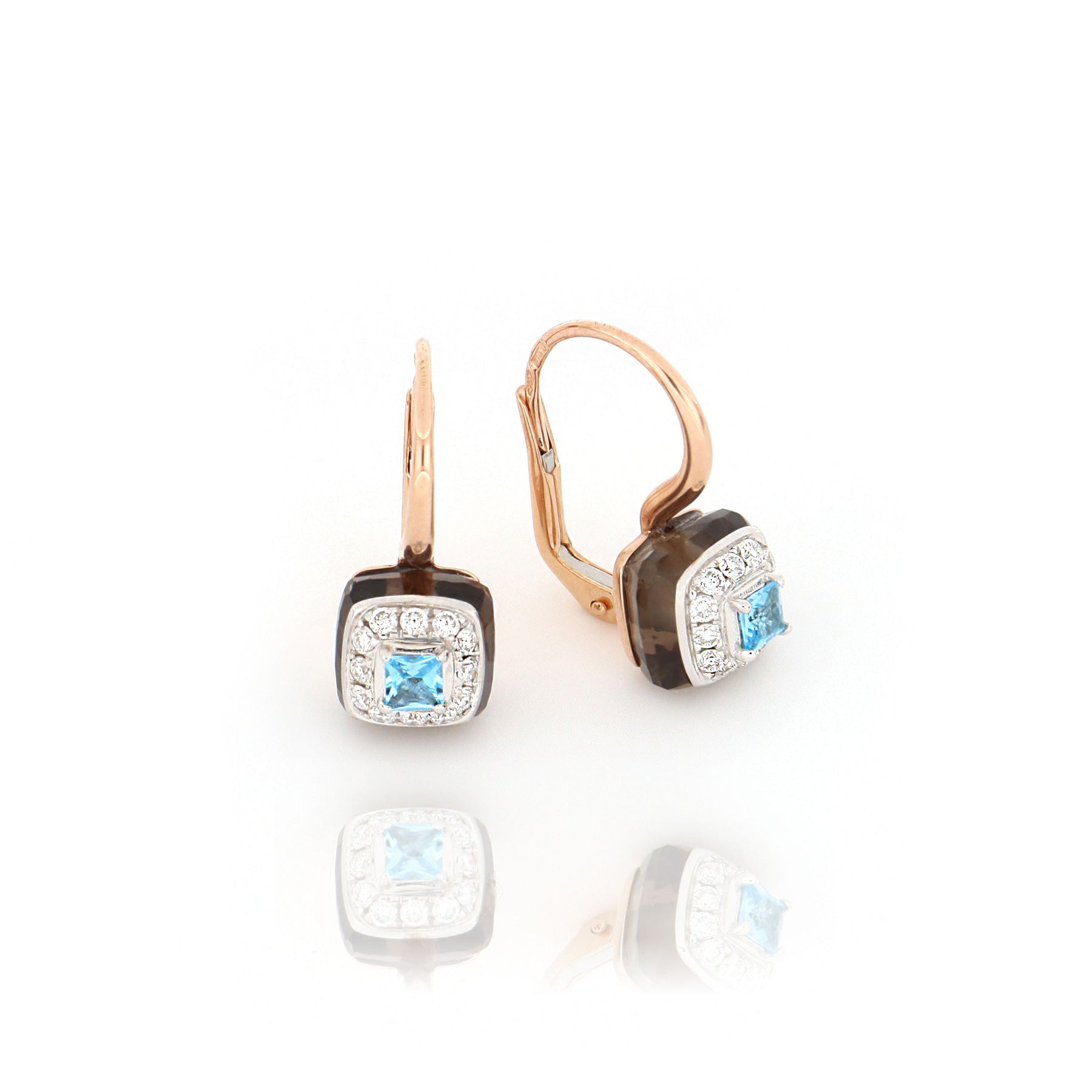 Les Petits Bonbons Earrings Square Blue Topaz, Smoky Quartz And Diamonds