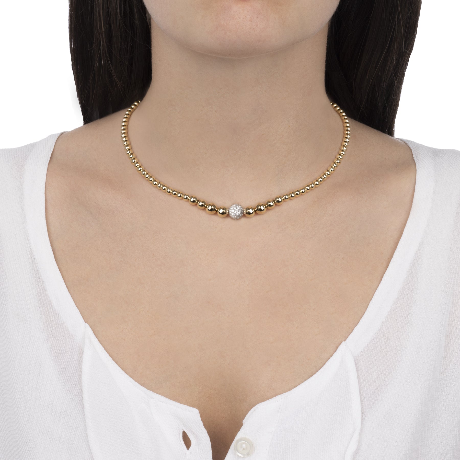 Universo Medium Necklace Graduated Spheres Polished Yellow Gold and Diamonds
